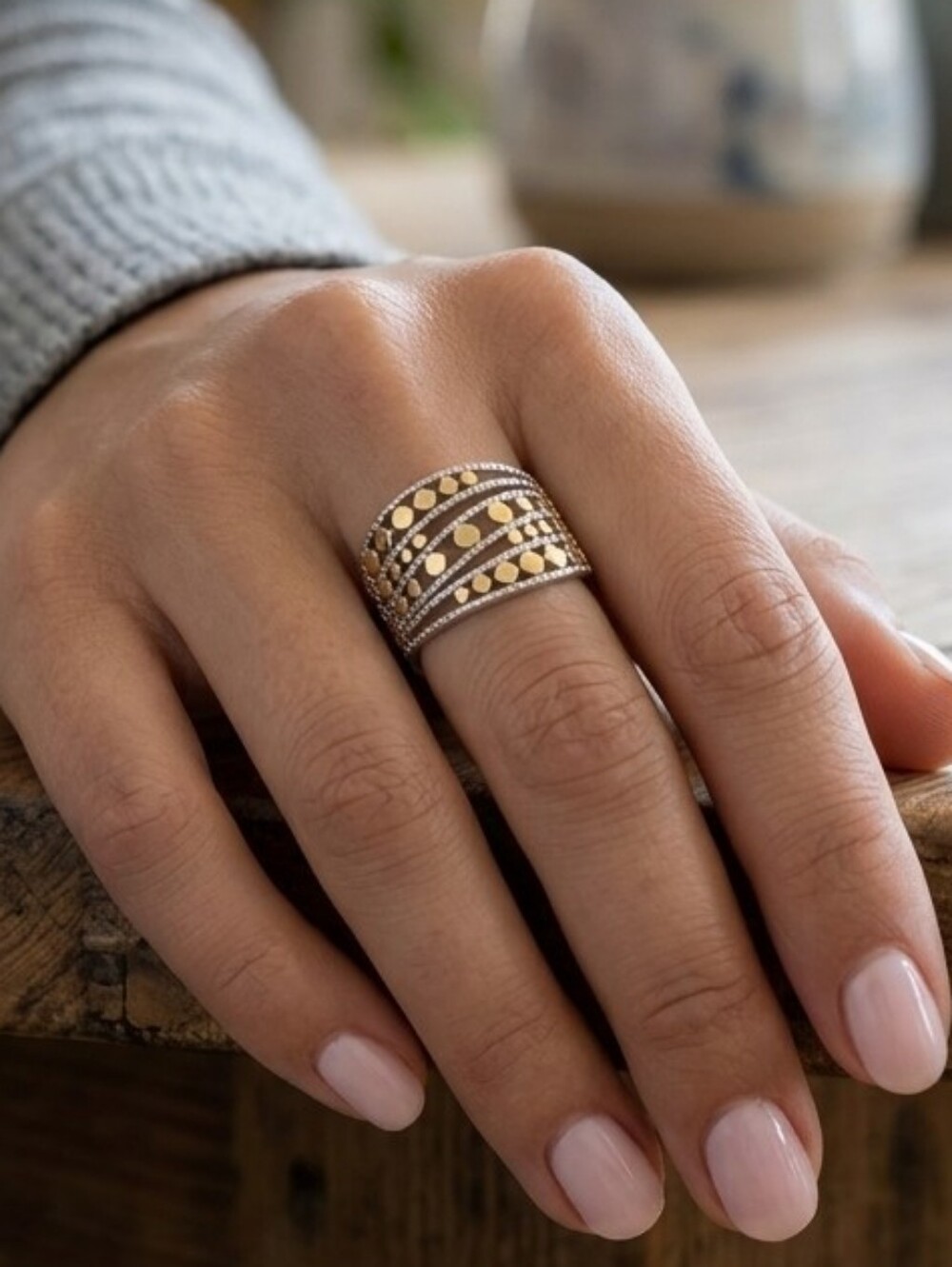 Two Tone Silver Gold Statement Ring Layered Band Adjustable Size